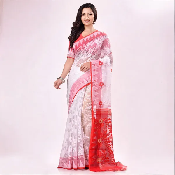 White_Red_Cotton_Handloom_Dhakai_Jamdani_Woven_Saree_For_Women