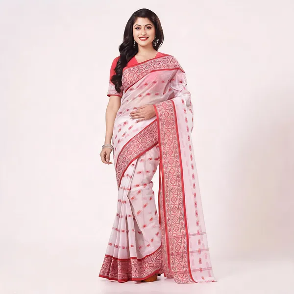 White_Red_Cotton_Bengal_Tant_Handloom_Woven_Saree_For_Women