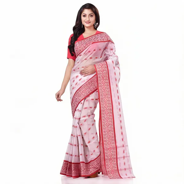 White_Red_Cotton_Bengal_Tant_Handloom_Woven_Saree_For_Women