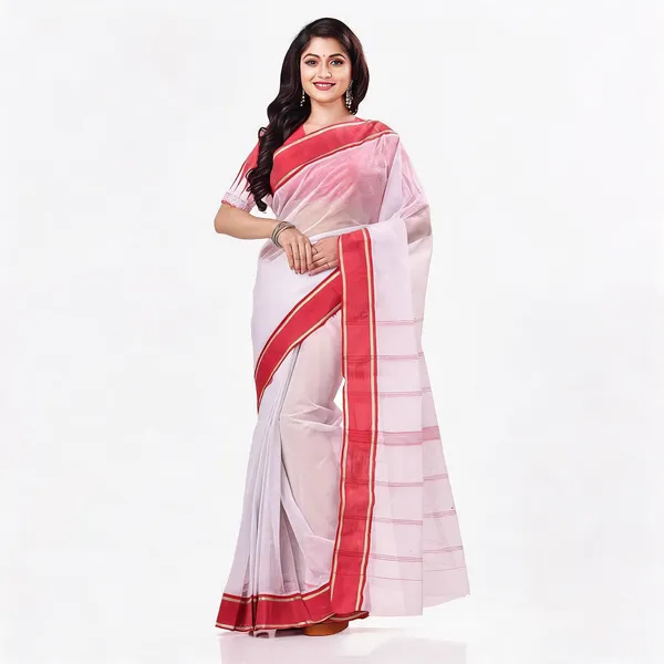 White_Red_Cotton_Woven_Bengal_Tant_Handloom_Saree_For_Women