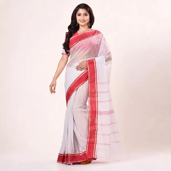 White_Red_Cotton_Woven_Bengal_Tant_Handloom_Saree_For_Women