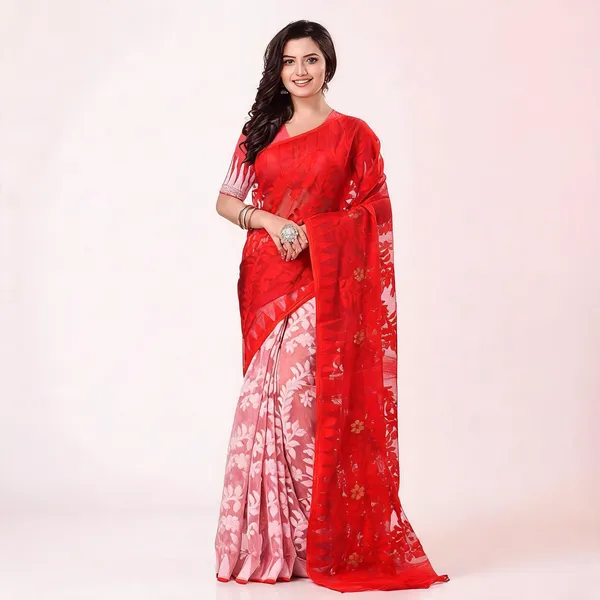 White_Red_Cotton_Woven_Dhakai_Jamdani_Saree_For_Women