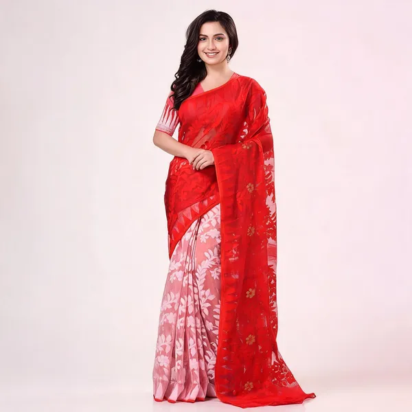 White_Red_Cotton_Woven_Dhakai_Jamdani_Saree_For_Women