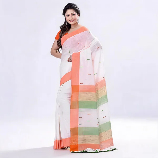 Orange_White_Green_Cotton_Solid_Handloom_Saree_With_Blouse_For_Women