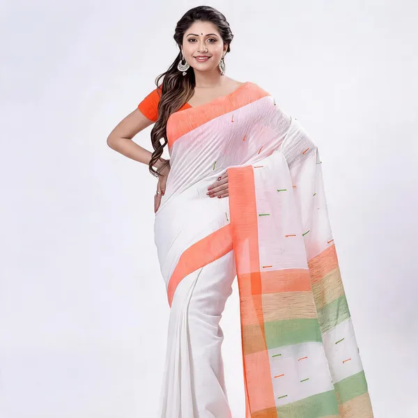 Orange_White_Green_Cotton_Solid_Handloom_Saree_With_Blouse_For_Women