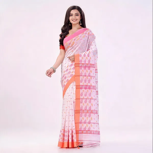 White_Pink_Cotton_Drape_Solid_Saree_With_Blouse_For_Women