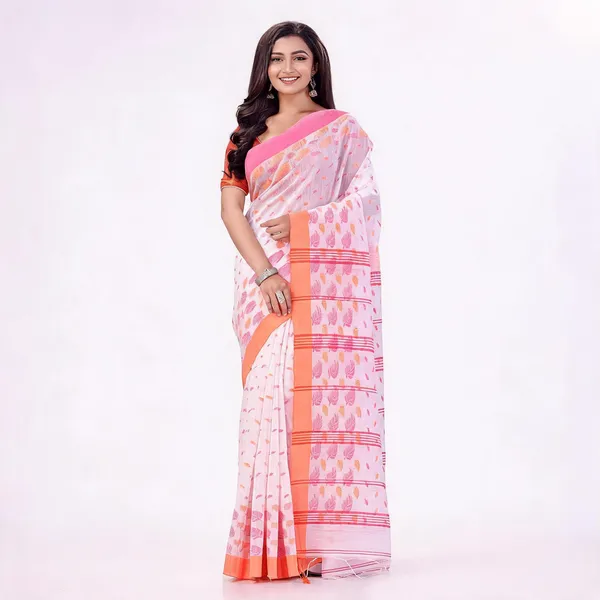 White_Pink_Cotton_Drape_Solid_Saree_With_Blouse_For_Women