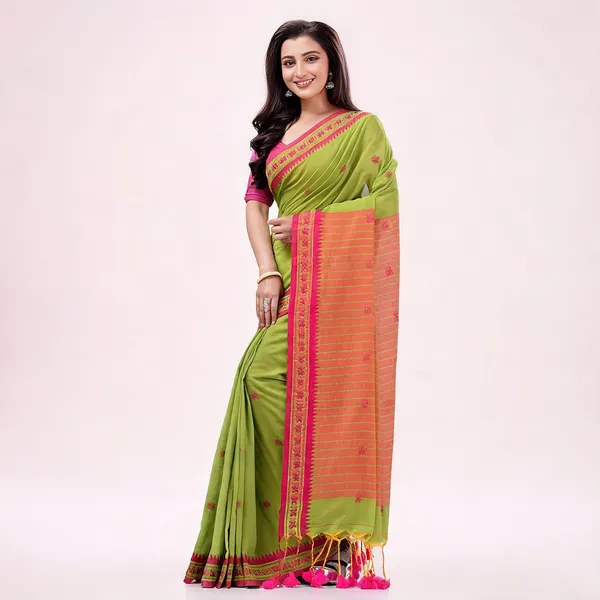 Green_Cotton_Woven_Floral_Saree_With_Blouse_Piece_For_Women