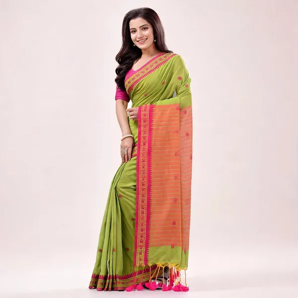 Green_Cotton_Woven_Floral_Saree_With_Blouse_Piece_For_Women