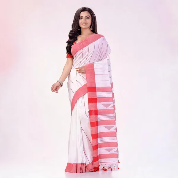 White_Red_Cotton_Woven_Handloom_Saree_With_Blouse_For_Women