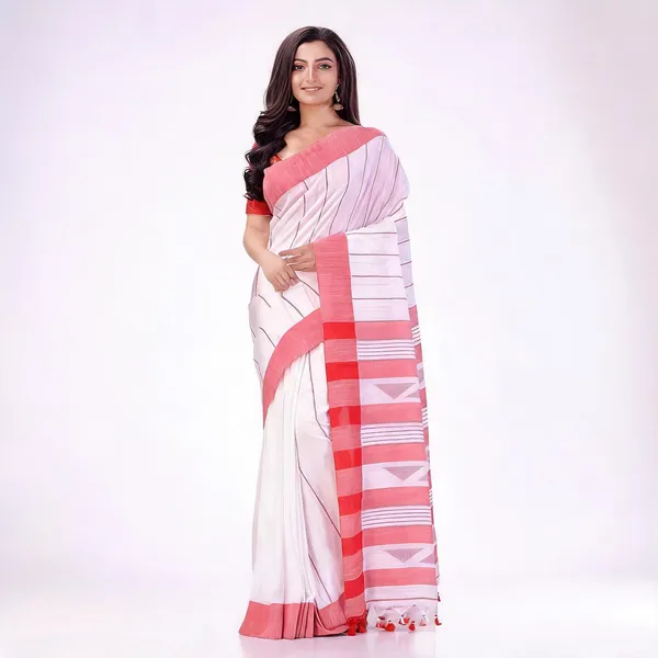 White_Red_Cotton_Woven_Handloom_Saree_With_Blouse_For_Women