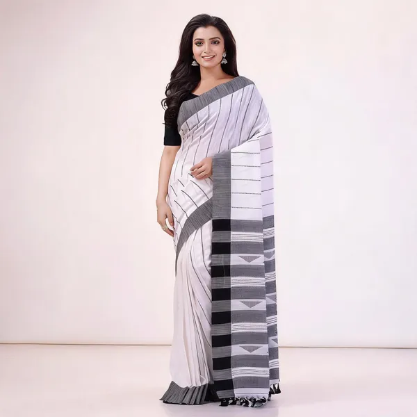 White_Black_Cotton_Handloom_Woven_Saree_With_Blouse_Piece_For_Women