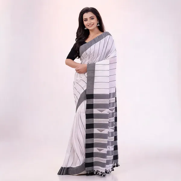 White_Black_Cotton_Handloom_Woven_Saree_With_Blouse_Piece_For_Women