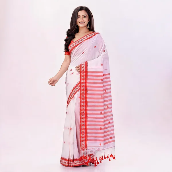 White_Red_Cotton_Woven_Floral_Saree_With_Blouse_Piece_For_Women