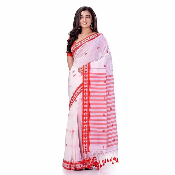White_Red_Cotton_Woven_Floral_Saree_With_Blouse_Piece_For_Women
