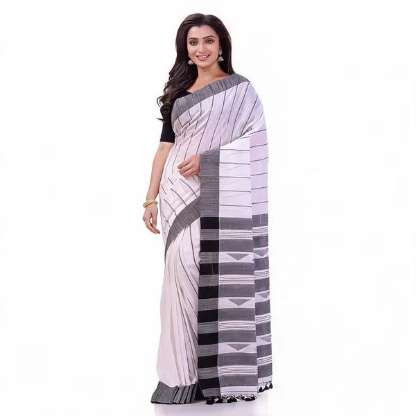 White_Black_Cotton_Self_Design_Woven_Saree_With_Blouse_For_Women