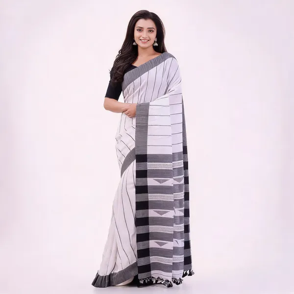 White_Black_Cotton_Self_Design_Woven_Saree_With_Blouse_For_Women