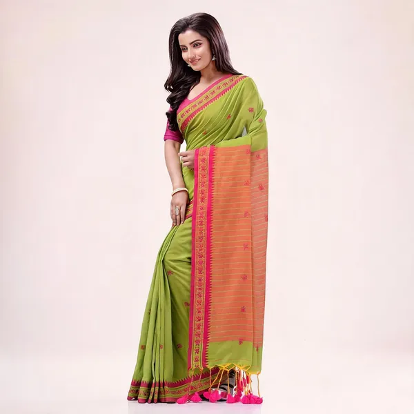 Green_Cotton_Woven_Floral_Tant_Saree_With_Blouse_For_Women