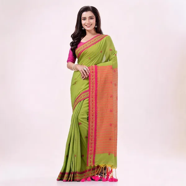 Green_Cotton_Woven_Floral_Tant_Saree_With_Blouse_For_Women
