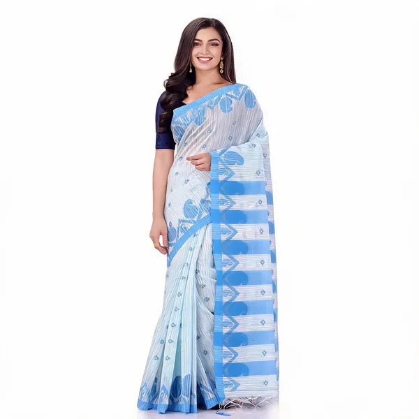 White_Blue_Cotton_Handloom_Traditional_Floral_Saree_With_Blouse_For_Women