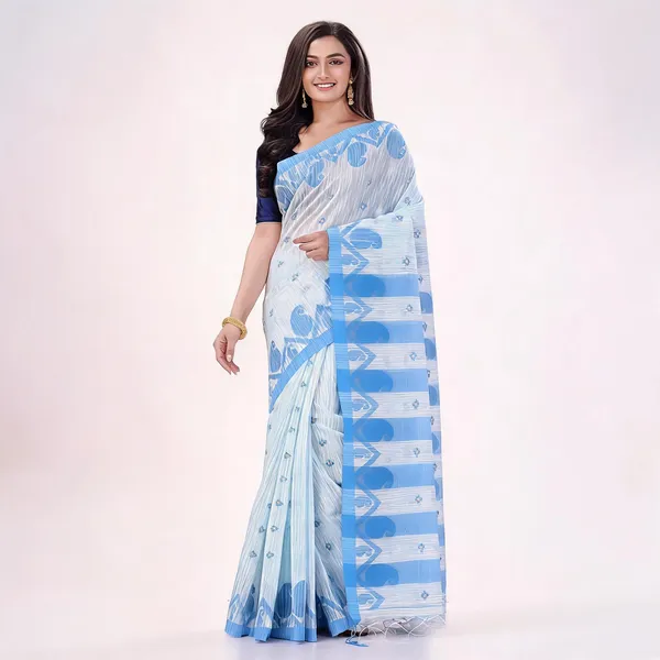 White_Blue_Cotton_Handloom_Traditional_Floral_Saree_With_Blouse_For_Women