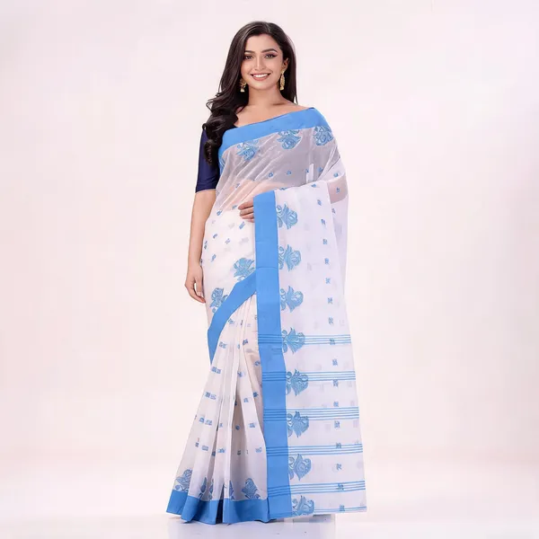 White_Blue_Cotton_Handloom_Floral_Woven_Saree_For_Women