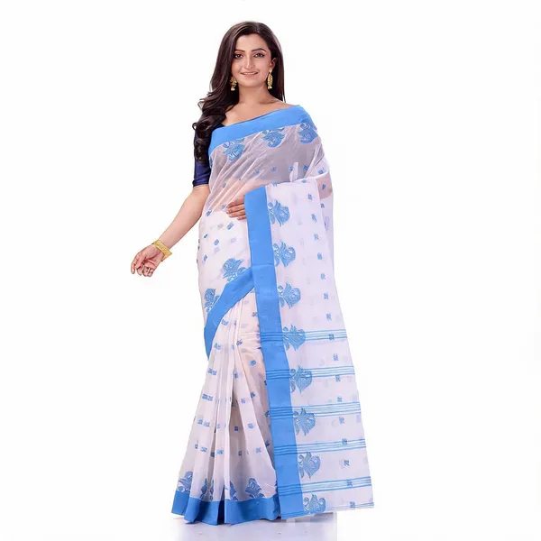 White_Blue_Cotton_Handloom_Floral_Woven_Saree_For_Women