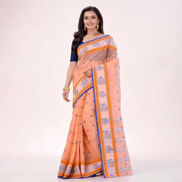 Peach_Cotton_Handloom_Floral_Woven_Saree_For_Women