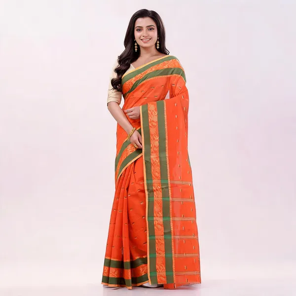 Orange_Cotton_Self_Design_Woven_Handloom_Tant_Saree_For_Women