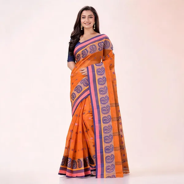 Burnt_Orange_Cotton_Handloom_Paisley_Woven_Saree_For_Women