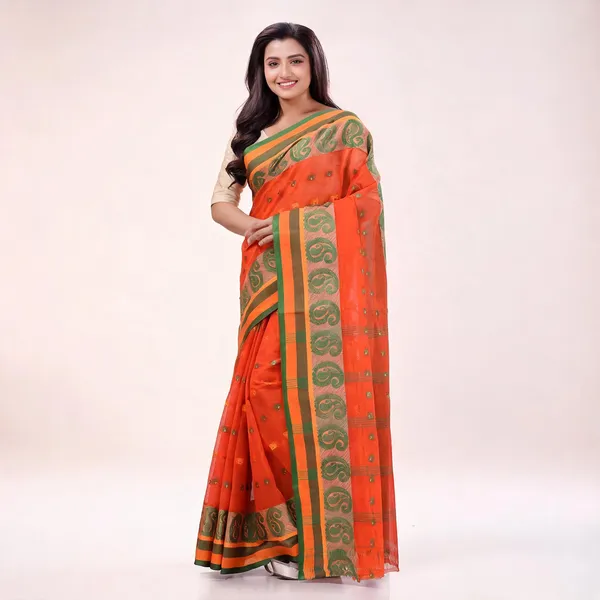 Orange_Cotton_Handloom_Paisley_Woven_Saree_For_Women