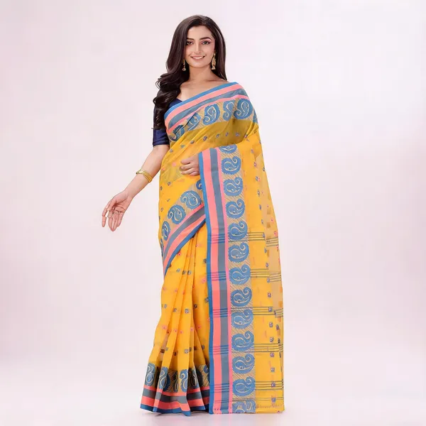 Yellow_Cotton_Handloom_Paisley_Woven_Saree_For_Women