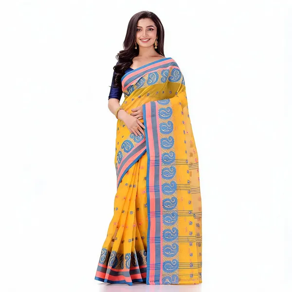 Yellow_Cotton_Handloom_Paisley_Woven_Saree_For_Women