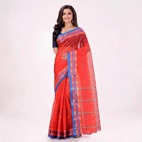 Orange_Cotton_Floral_Drape_Tant_Handloom_Saree_For_Women