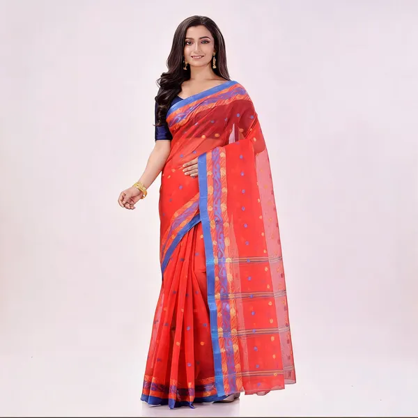 Orange_Cotton_Floral_Drape_Tant_Handloom_Saree_For_Women