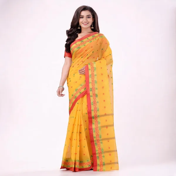Yellow_Cotton_Floral_Drape_Tant_Handloom_Saree_For_Women