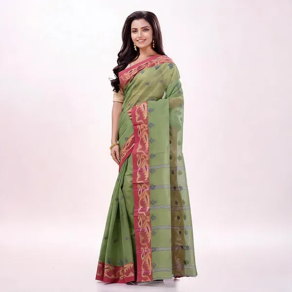 Green_Red_Cotton_Handloom_Self_Design_Saree_For_Women