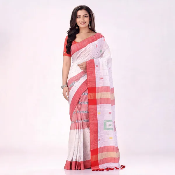 White_Red_Cotton_Handloom_Striped_Saree_For_Women