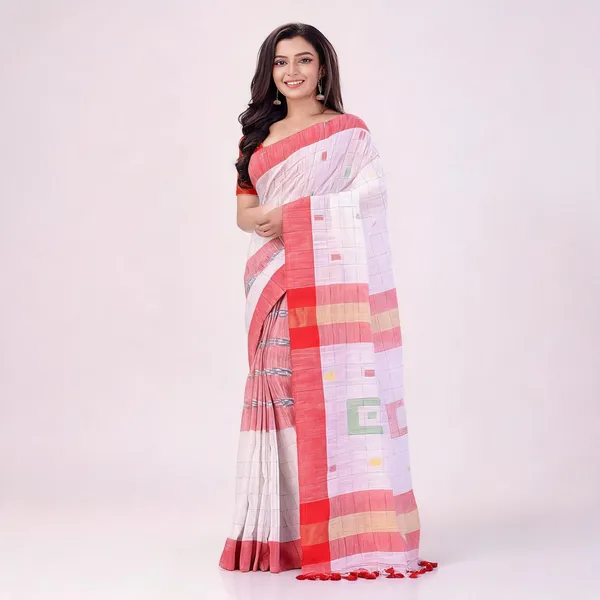 White_Red_Cotton_Handloom_Striped_Saree_For_Women