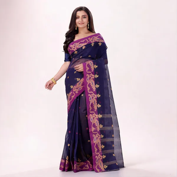 Dark_Blue_Purple_Cotton_Self_Design_Woven_Saree_For_Women