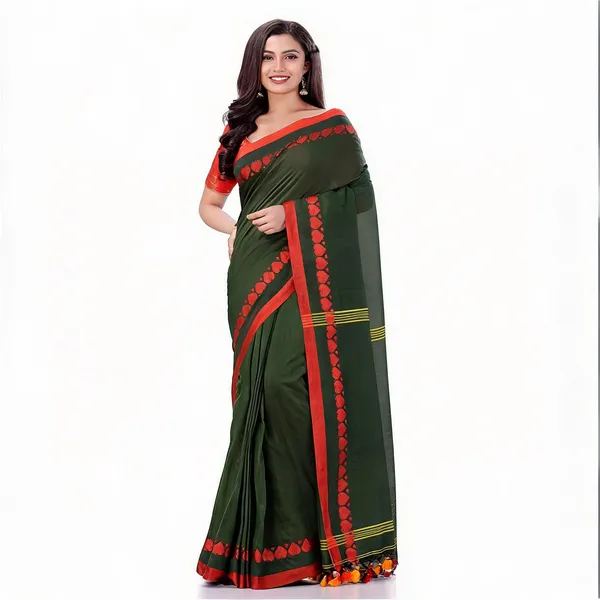 Dark_Green_Cotton_Handloom_Woven_Saree_For_Women