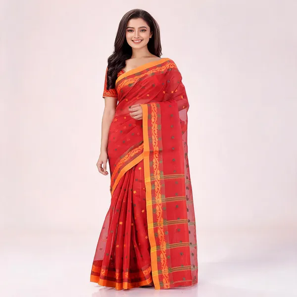 Red_Cotton_Tant_Handloom_Floral_Drape_Saree_For_Women