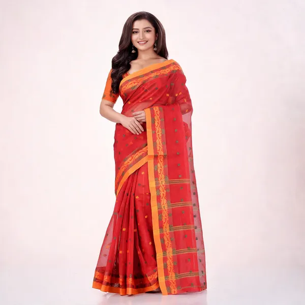 Red_Cotton_Tant_Handloom_Floral_Drape_Saree_For_Women