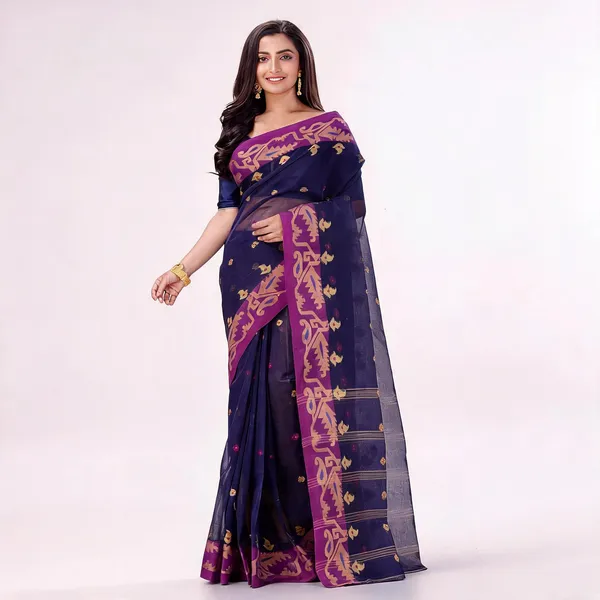 Dark_Blue_Purple_Cotton_Handloom_Self_Design_Saree_For_Women