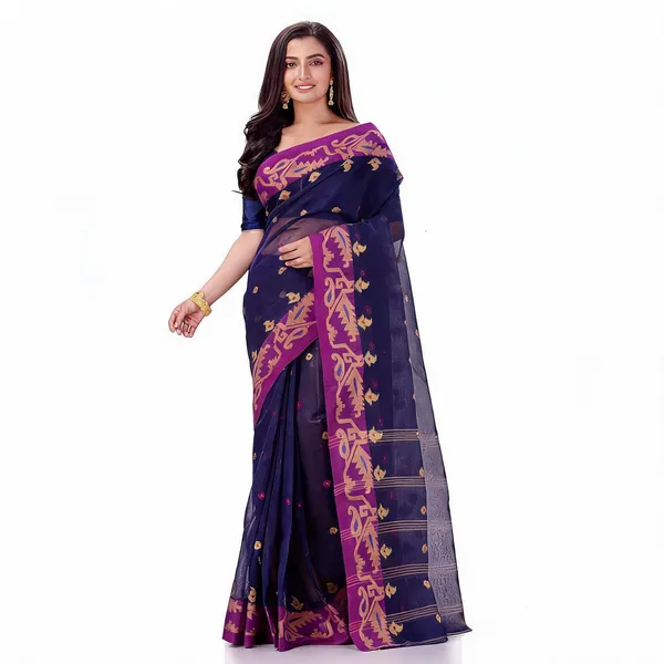Dark_Blue_Purple_Cotton_Handloom_Self_Design_Saree_For_Women