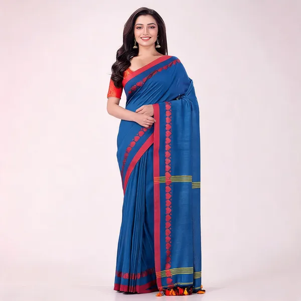 Blue_Cotton_Solid_Woven_Tant_Handloom_Saree_With_Blouse_For_Women