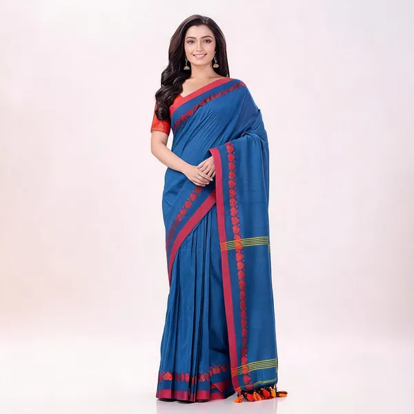 Blue_Cotton_Solid_Woven_Tant_Handloom_Saree_With_Blouse_For_Women