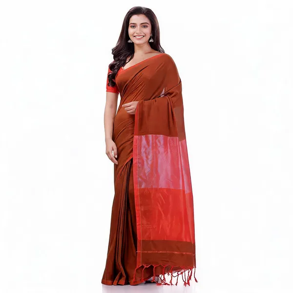 Brown_Metallic_Cotton_Blend_Handloom_Organza_Saree_For_Women