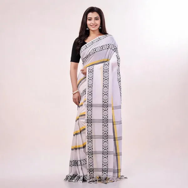 White_Cotton_Floral_Woven_Handloom_Saree_With_Blouse_For_Women