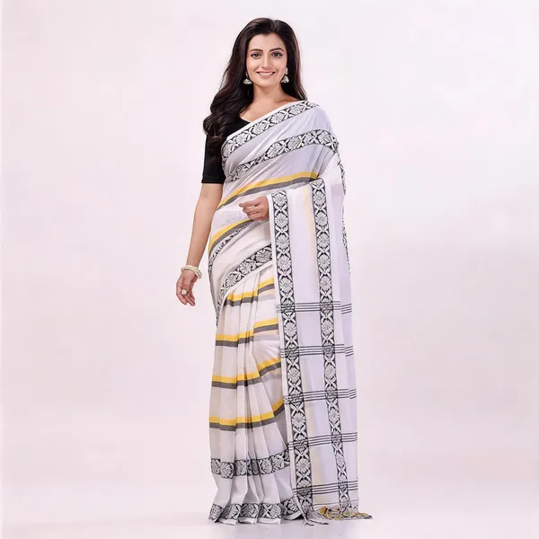 White_Cotton_Floral_Woven_Handloom_Saree_With_Blouse_For_Women